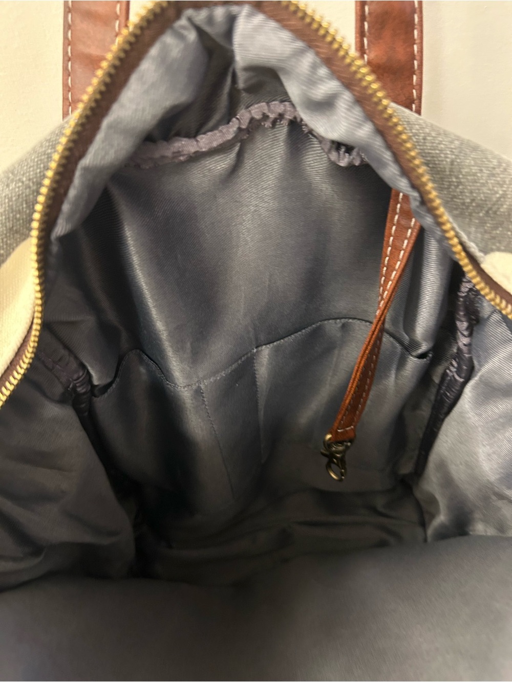 Maika Gray & White Abstract Canvas Tote with Brown Leather Straps - Picture 6 of 7